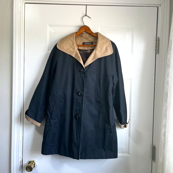 Ellen Tracy Fully Lined Black and Tan Plaid Swing Raincoat Size Petite Small - Picture 1 of 13